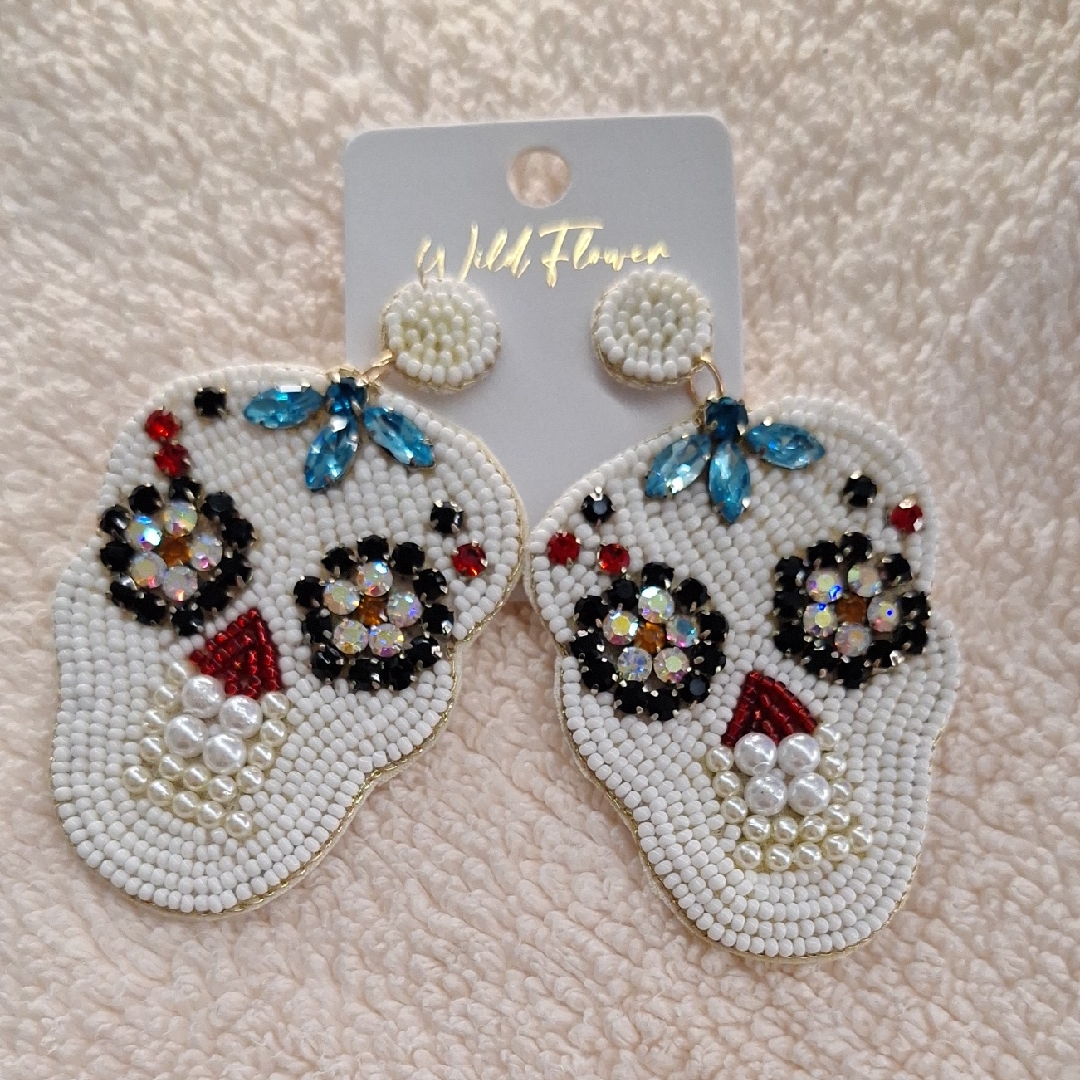 Wildflowers Vibrant Skull Earrings - Blue, Red, Black, White